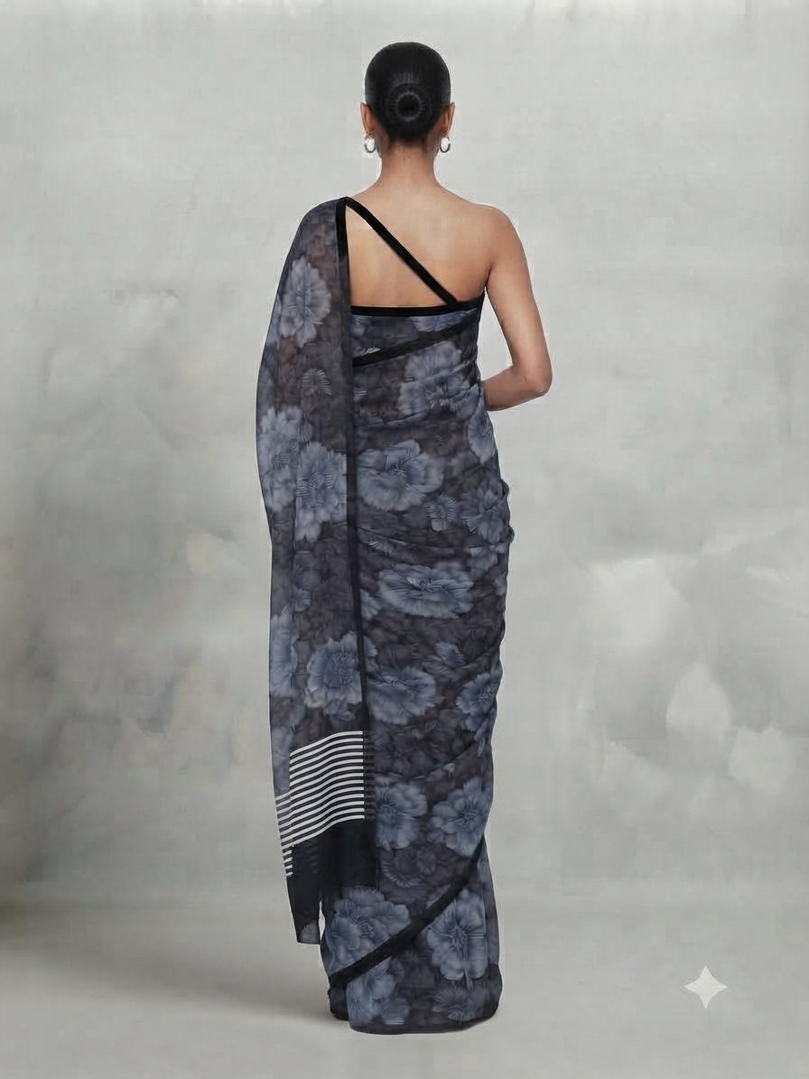 Black and Grey Floral Printed Sari in Georgette - 0104