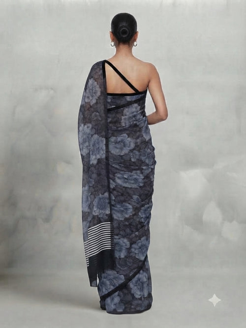 Black and Grey Floral Printed Sari in Georgette - 0104