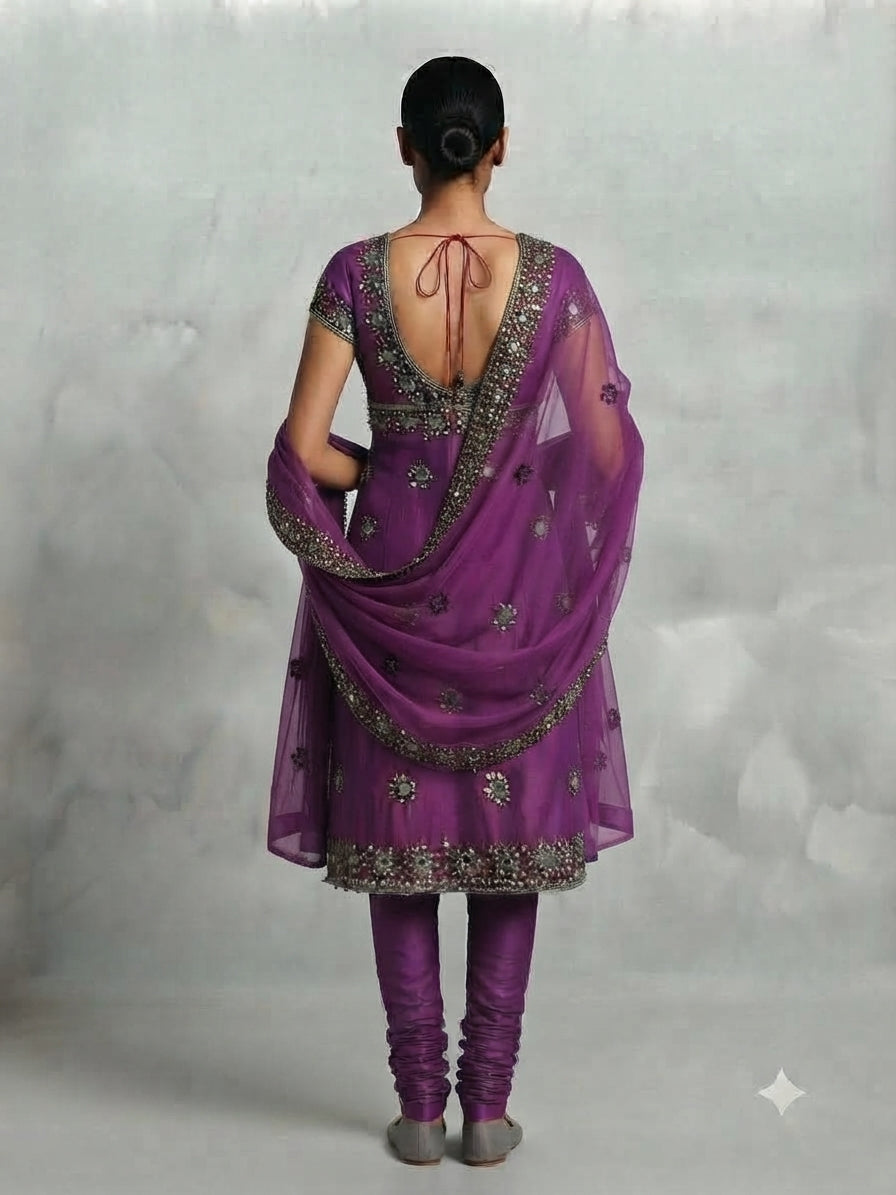 Magenta Colored Silk Pyjami Suit with Oxidized Silver Beadwork, Mirrors and Coins - 0105