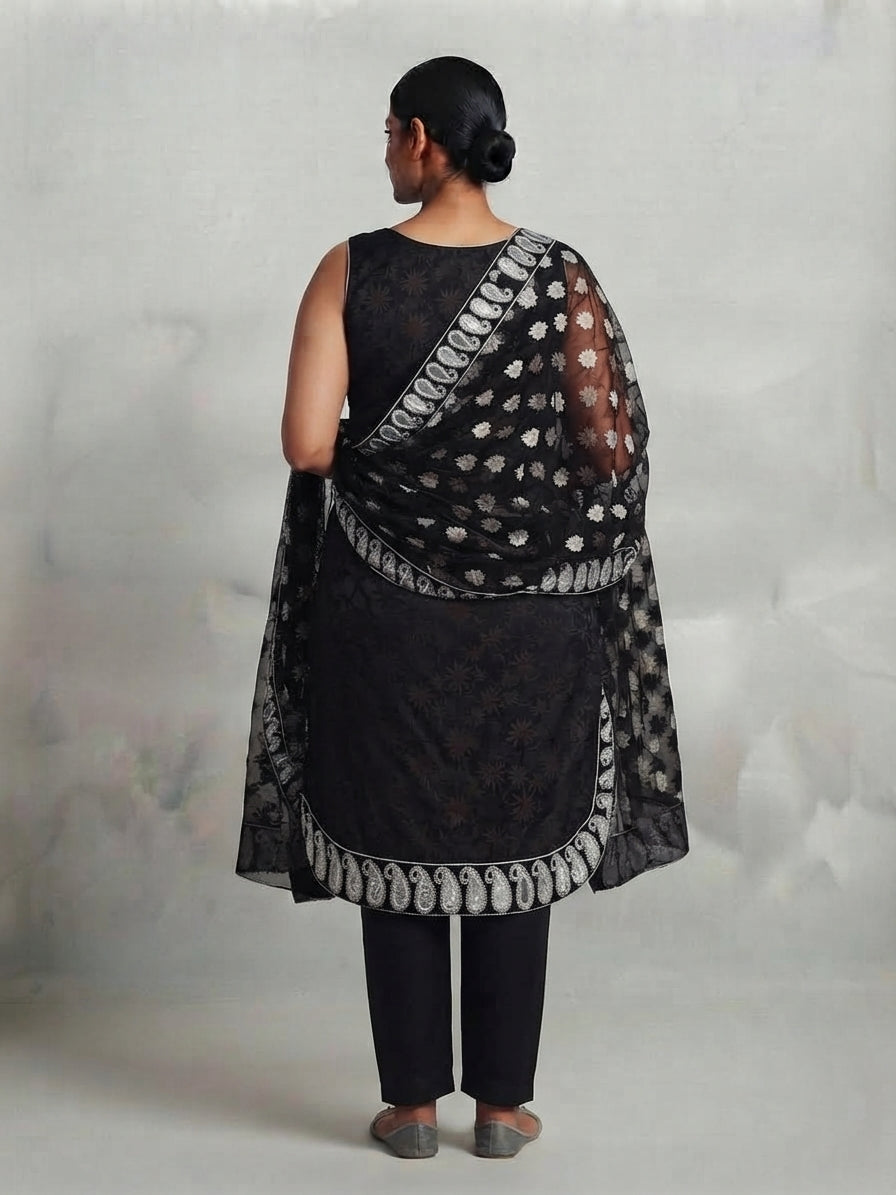Black Churi Pyjami Suit with Silver Embroidery - 0100