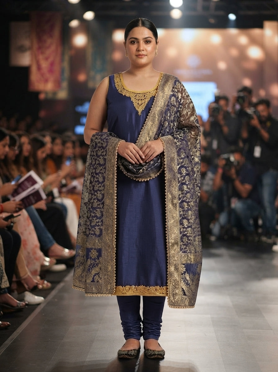 Navy Blue Silk Pajami Set with Gold Embroidery and Dupatta - 0070