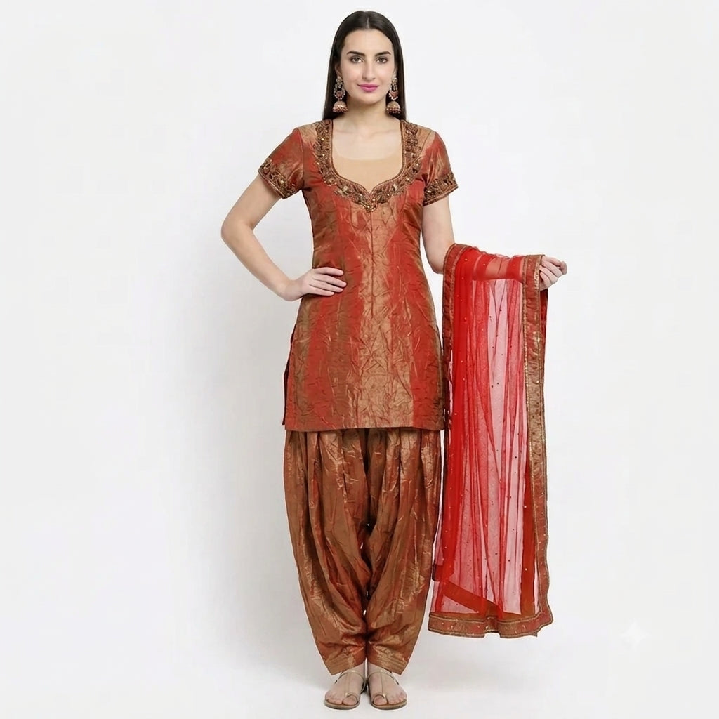 Red Crinkled Tissue Salwar Kameez with Sequin Embroidery - 0003