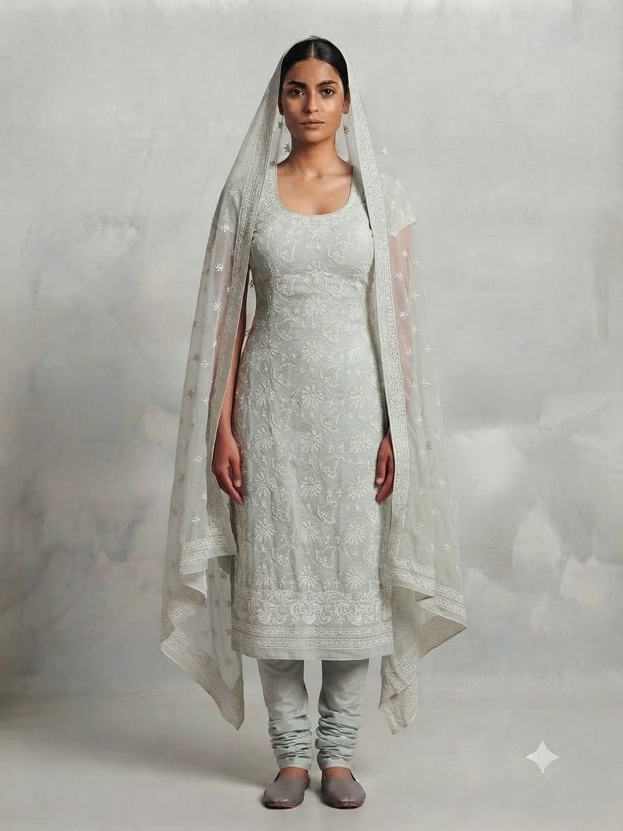 Mint Cotton Lakhnavi Kameez Set with Dupatta - 0099