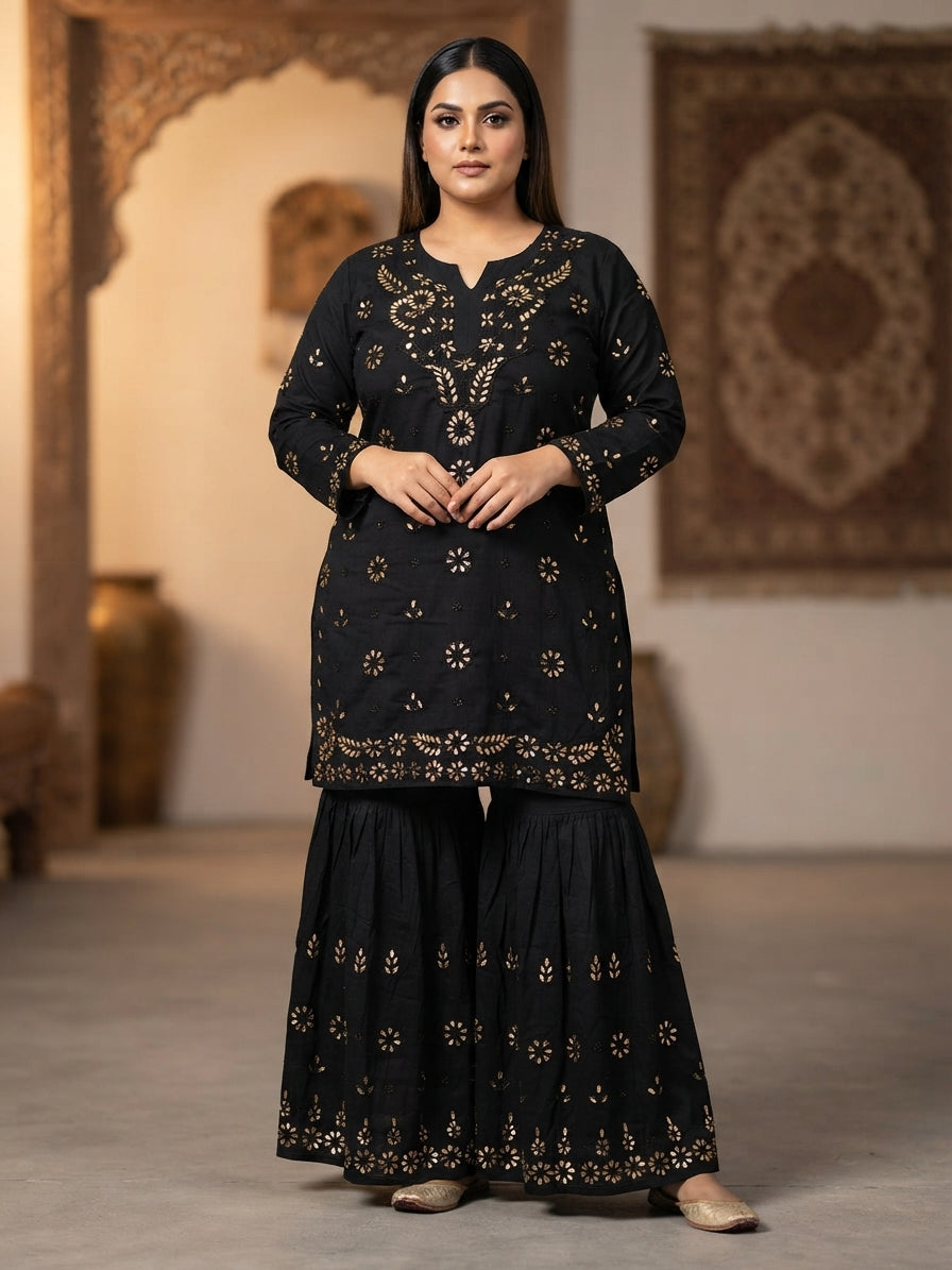 Black Cotton Sharara Set with Gotta Work - 0102
