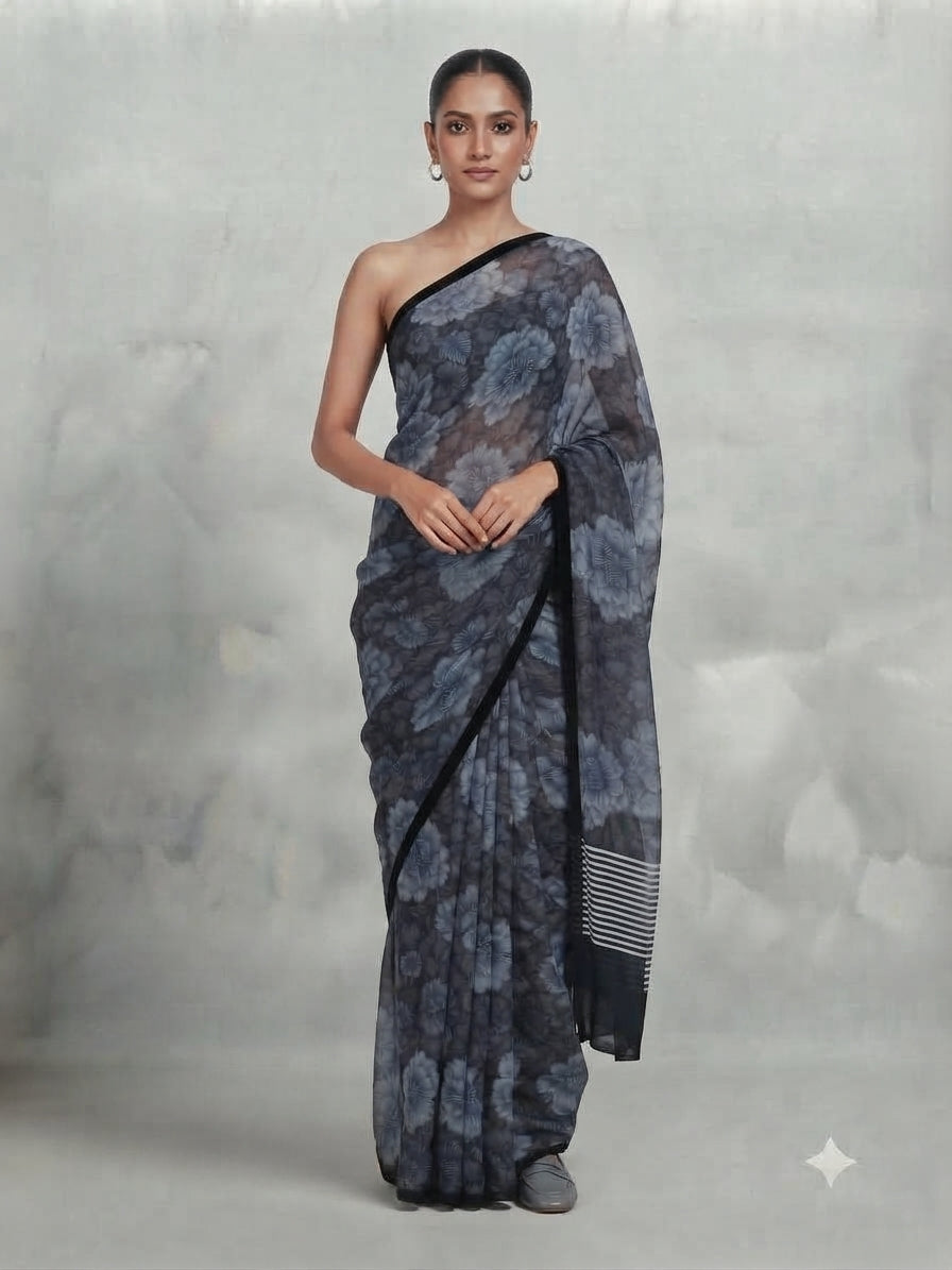 Black and Grey Floral Printed Sari in Georgette - 0104