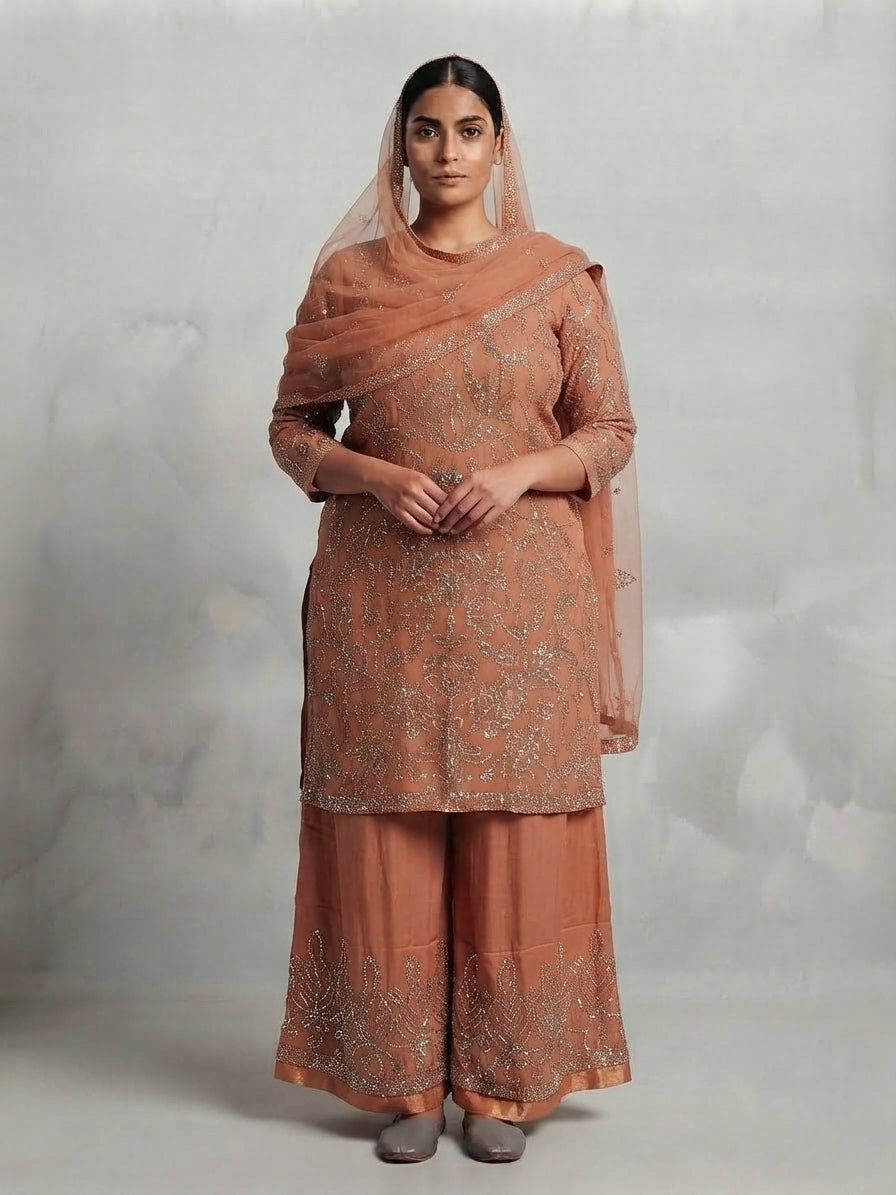 Peachy Nude Georgette Sequins Sharara Set - 0101