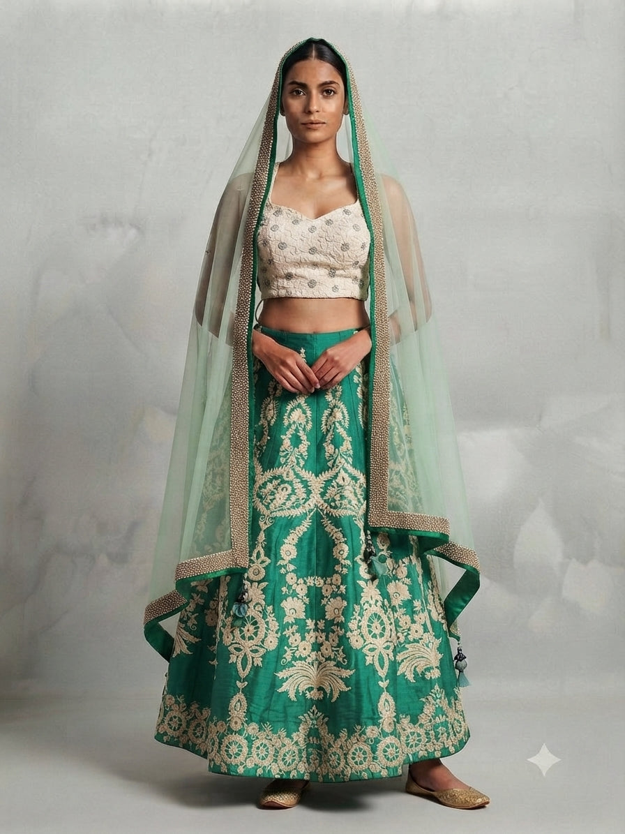 Tiffany Blue Lengha with Threadwork Embroidery and White Embroidered Choli Top and Matching Net Dupatta - 0106