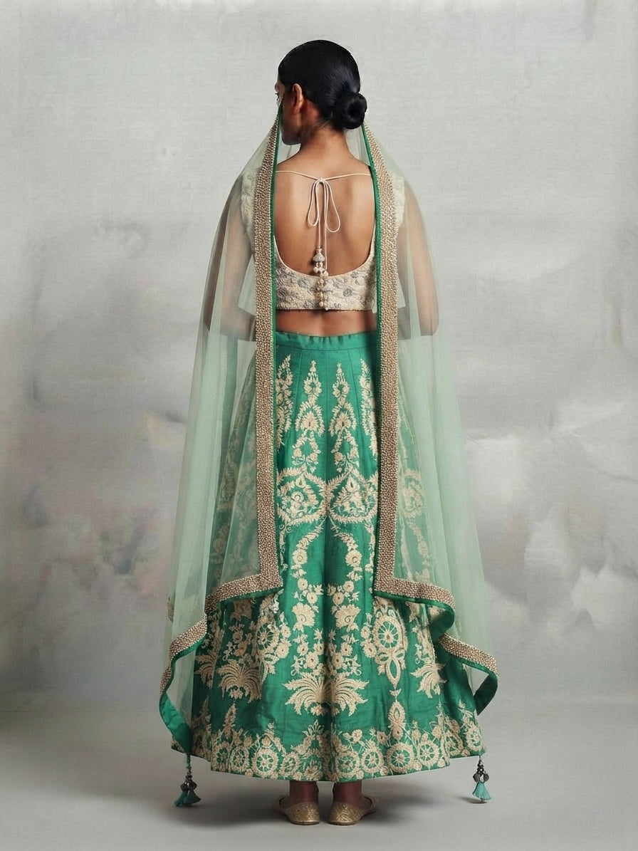Tiffany Blue Lengha with Threadwork Embroidery and White Embroidered Choli Top and Matching Net Dupatta - 0106
