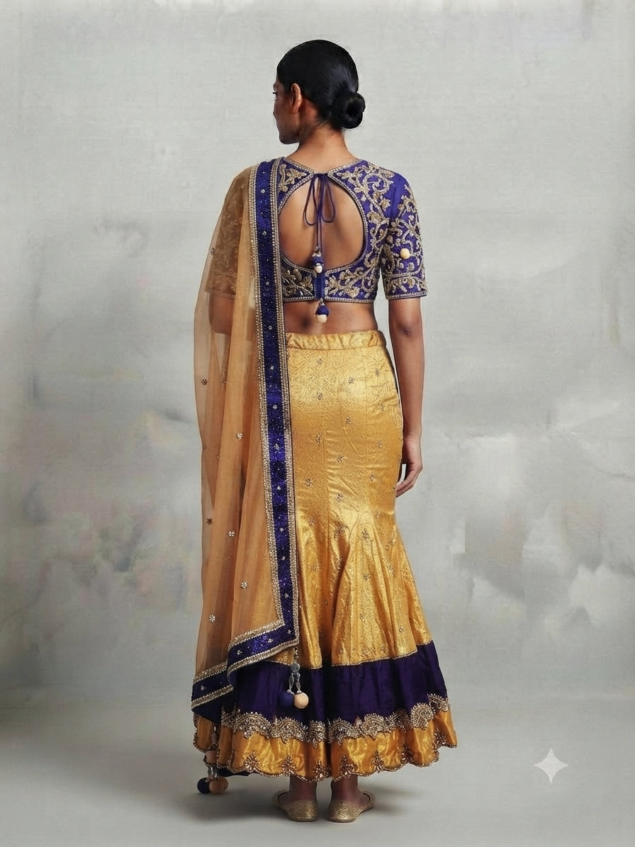 Gold and Navy Blue Net Fishcut Lengha with Gold Stonework Embroidery with Raw Silk Top and Dupatta - 0107