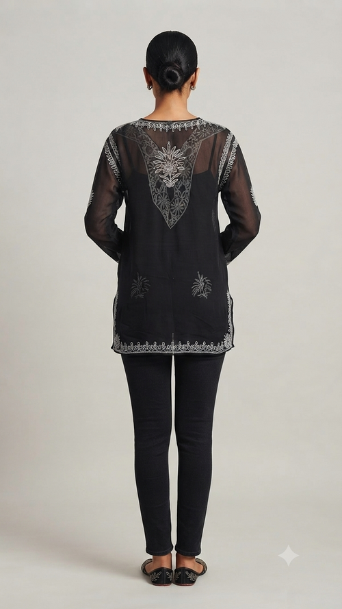 Black Georgette Kurta with White Threadwork - 0039