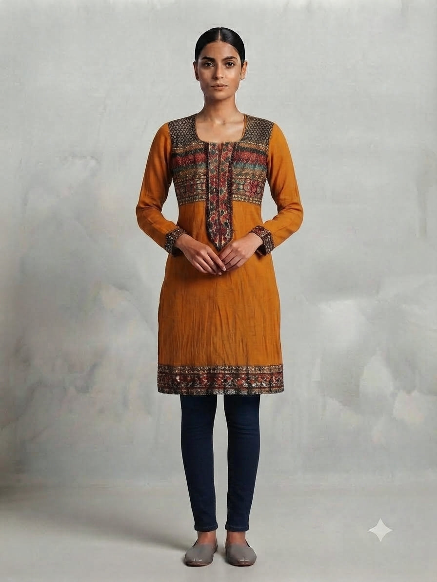 Mustard Cotton Kurta with Sequins - 0098