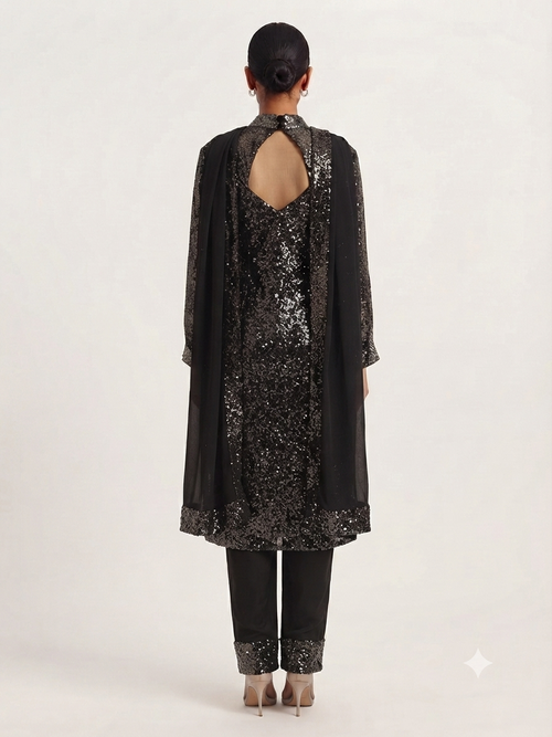 Black Sequins Kameez with Lycra Pyjami and Dupatta - 0030