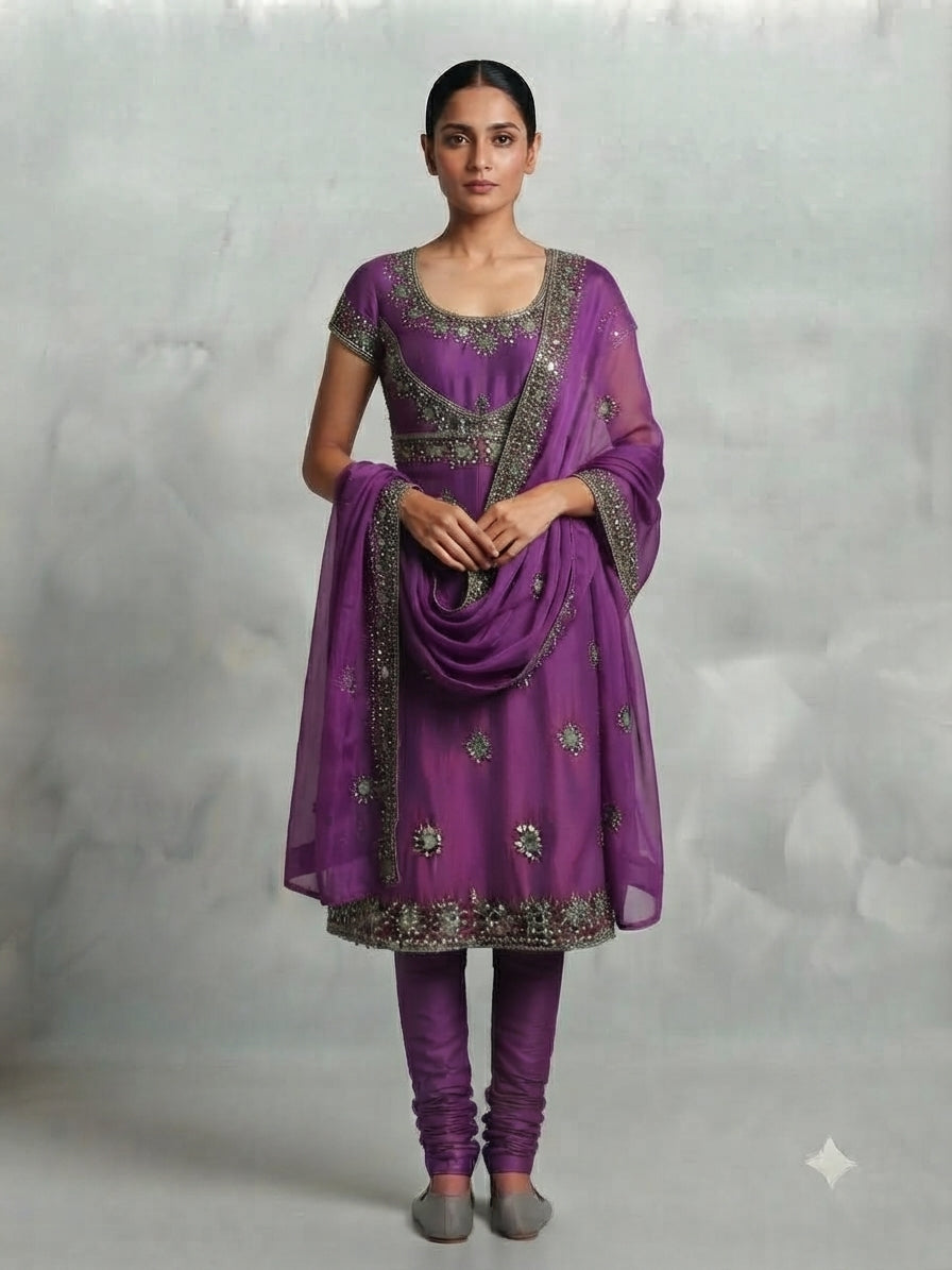 Magenta Colored Silk Pyjami Suit with Oxidized Silver Beadwork, Mirrors and Coins - 0105