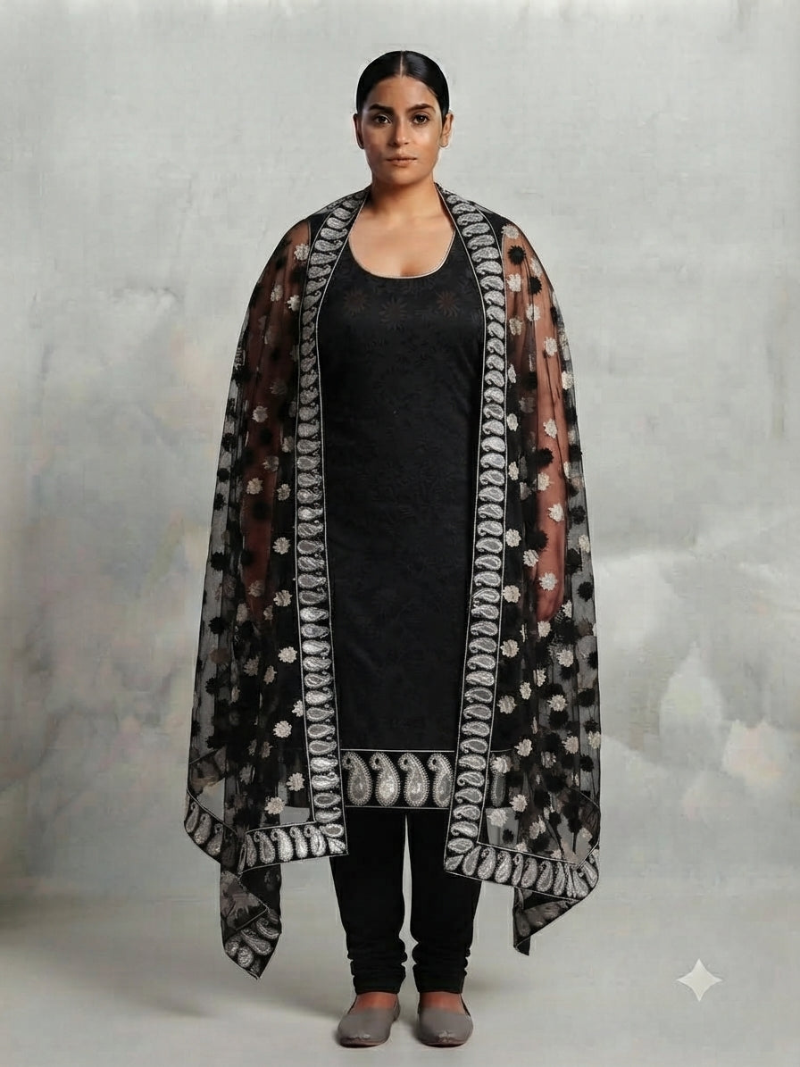 Black Churi Pyjami Suit with Silver Embroidery - 0100