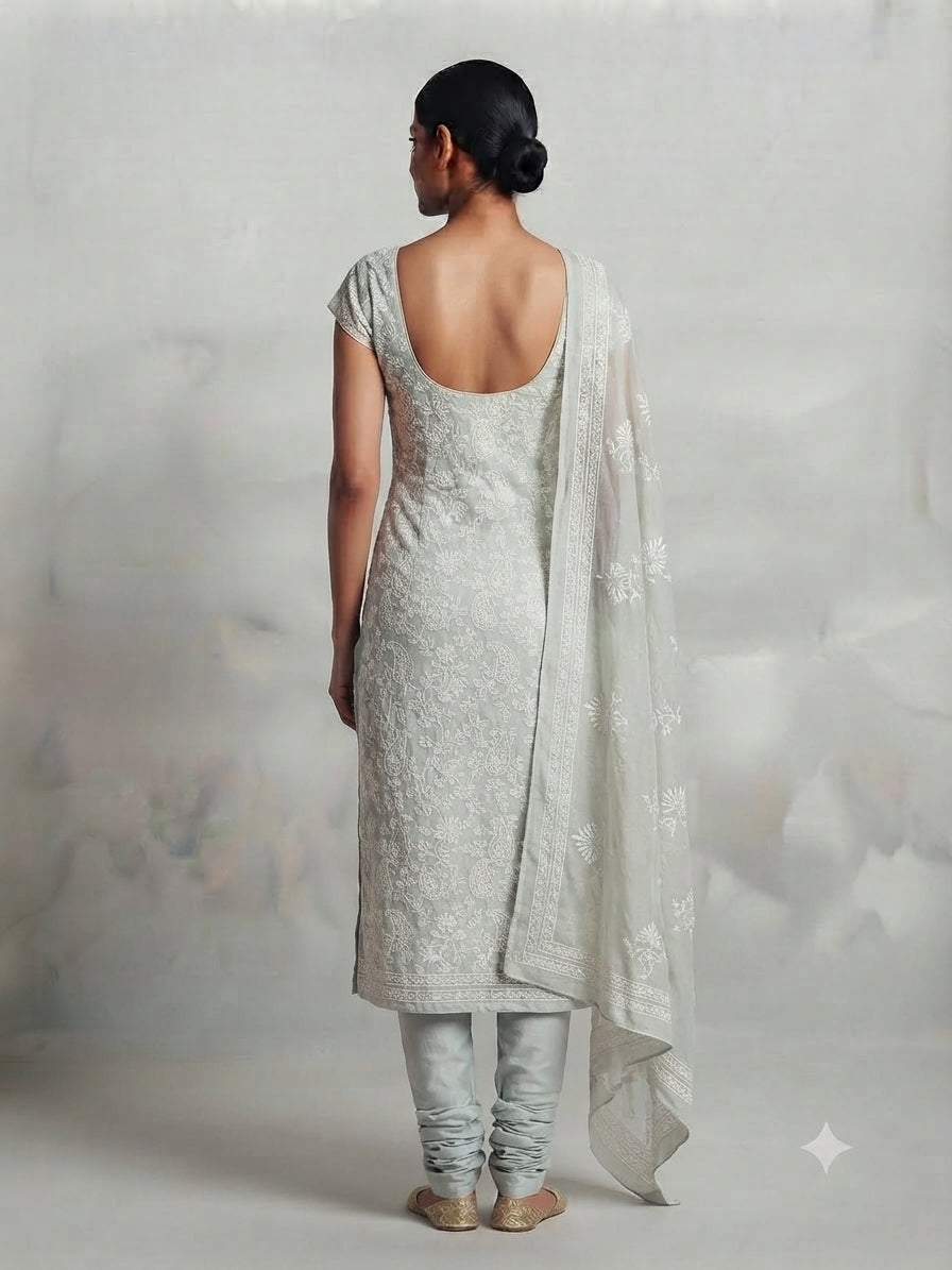 Mint Cotton Lakhnavi Kameez Set with Dupatta - 0099