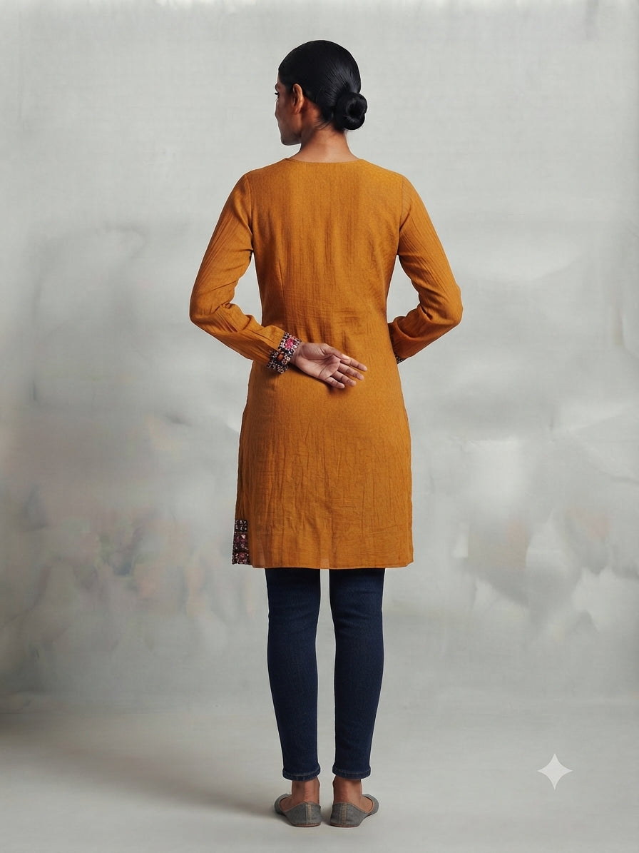 Mustard Cotton Kurta with Sequins - 0098