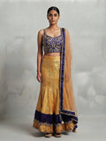 Gold and Navy Blue Net Fishcut Lengha with Gold Stonework Embroidery with Raw Silk Top and Dupatta - 0107