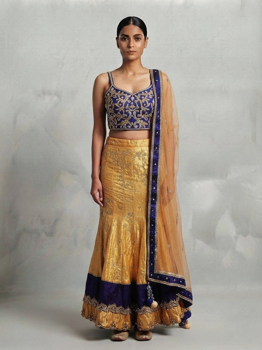 Gold and Navy Blue Net Fishcut Lengha with Gold Stonework Embroidery with Raw Silk Top and Dupatta - 0107