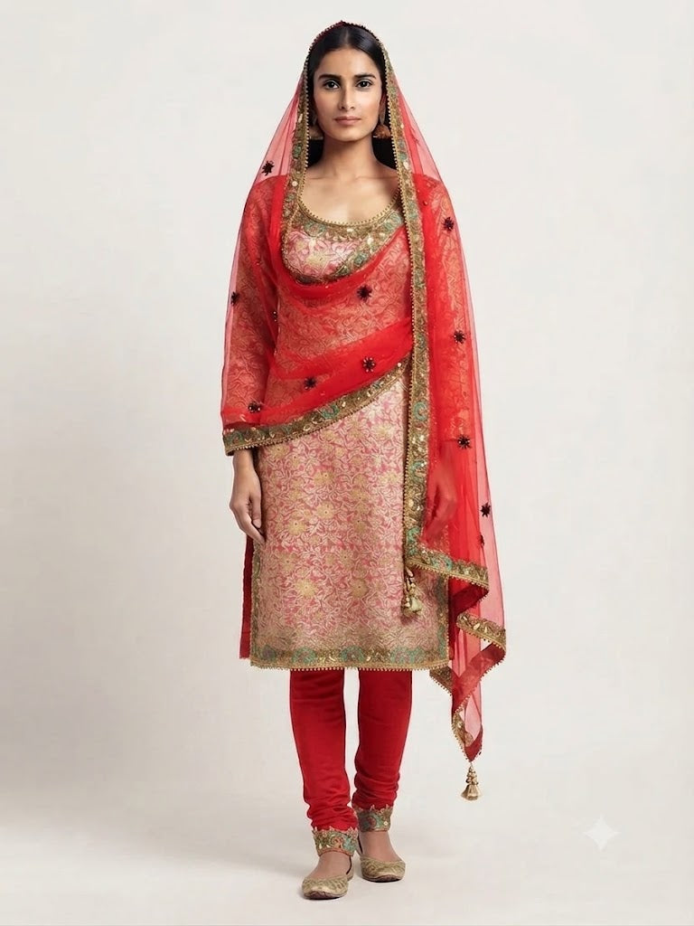 Embroidered Printed Kameez with Lycra Pyjami and Net Dupatta - 0026