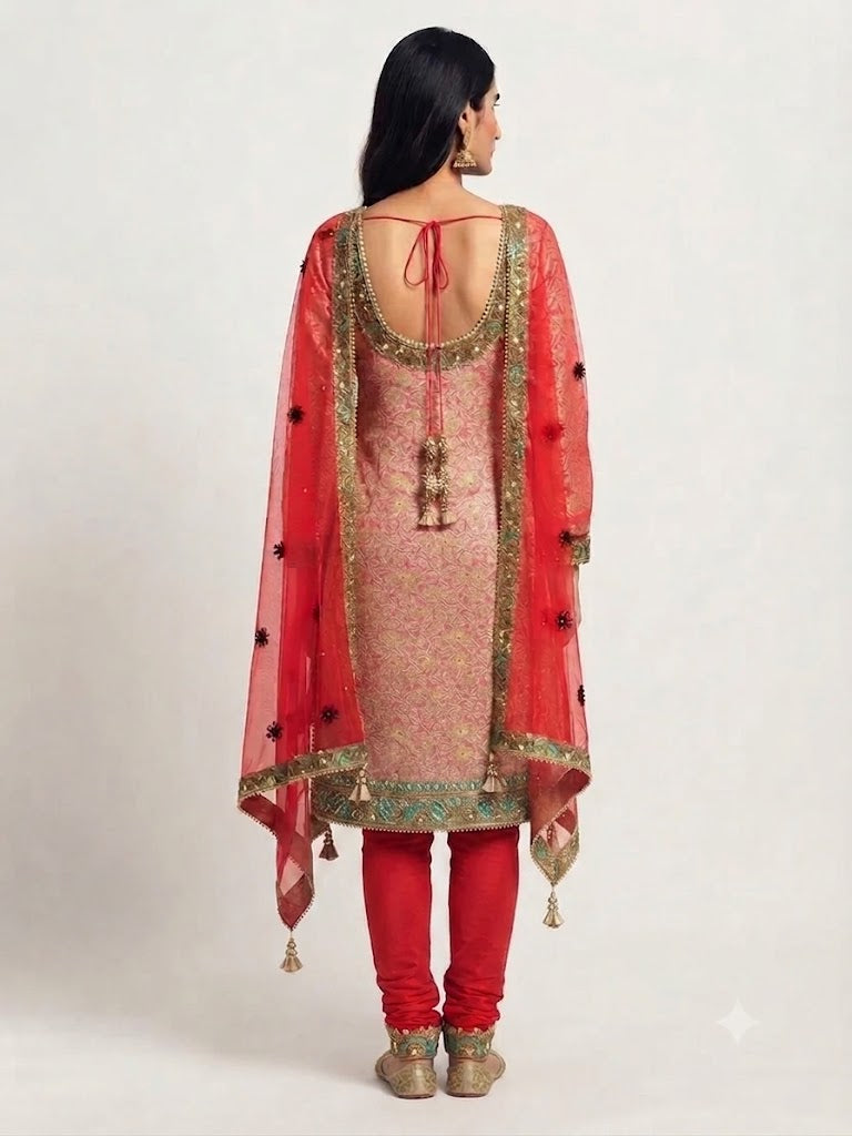 Embroidered Printed Kameez with Lycra Pyjami and Net Dupatta - 0026