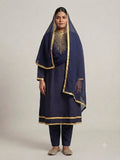 Navy Blue Georgette Pajami Set with Gold Embroidery - 0079