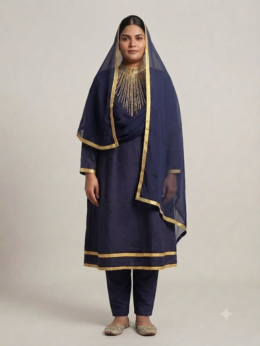 Navy Blue Georgette Pajami Set with Gold Embroidery - 0079