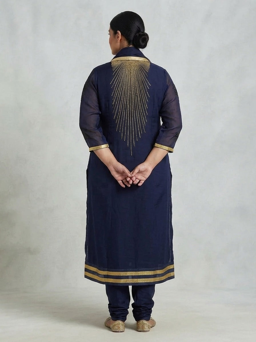 Navy Blue Georgette Pajami Set with Gold Embroidery - 0079