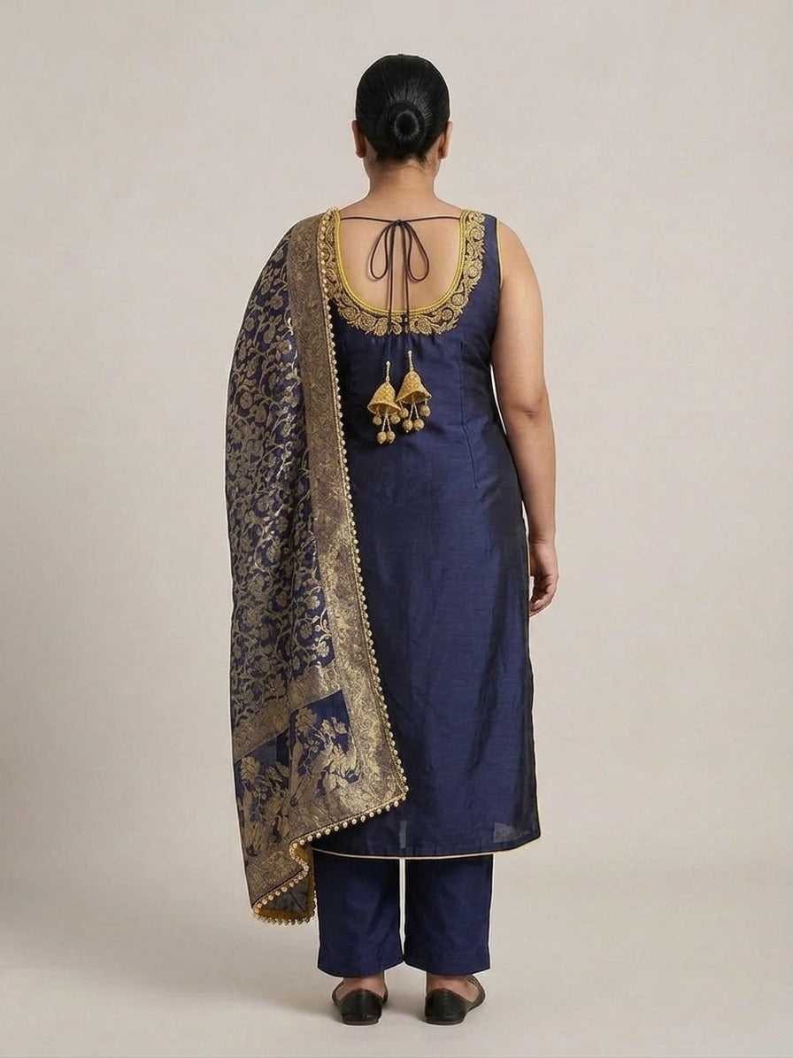 Navy Blue Silk Pajami Set with Gold Embroidery and Dupatta - 0070