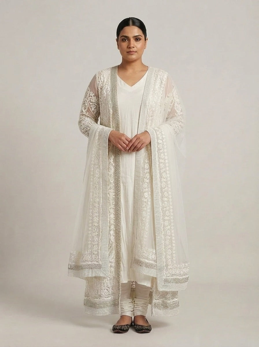 Cream Net Jacket Set with Stone Work - 0071