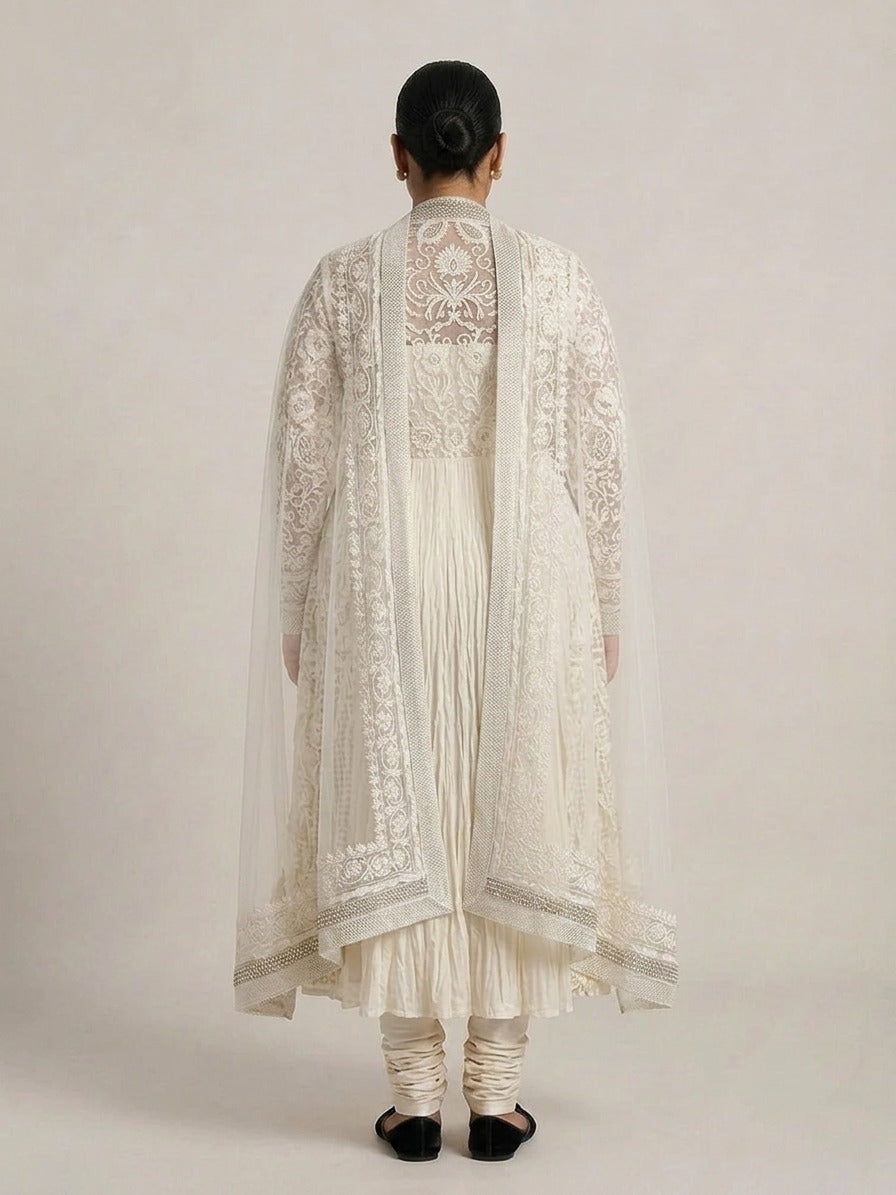 Cream Net Jacket Set with Stone Work - 0071