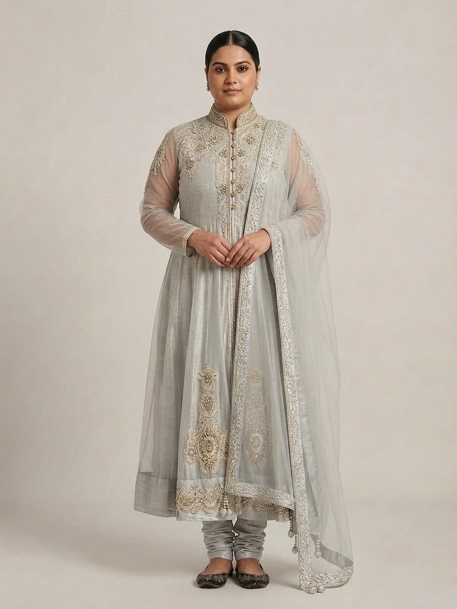 Silver Sequinned Silk Pajami Set with Jacket - 0072