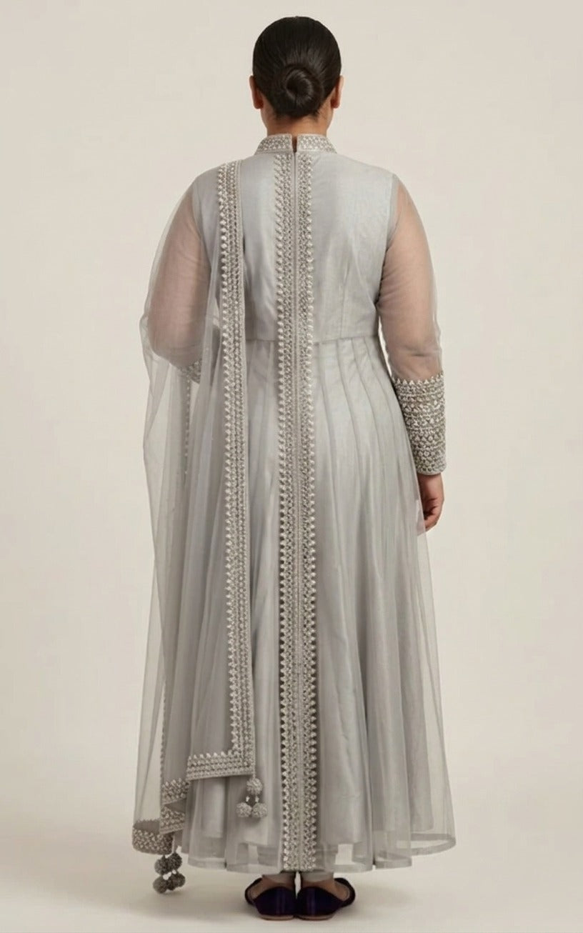 Silver Sequinned Silk Pajami Set with Jacket - 0072