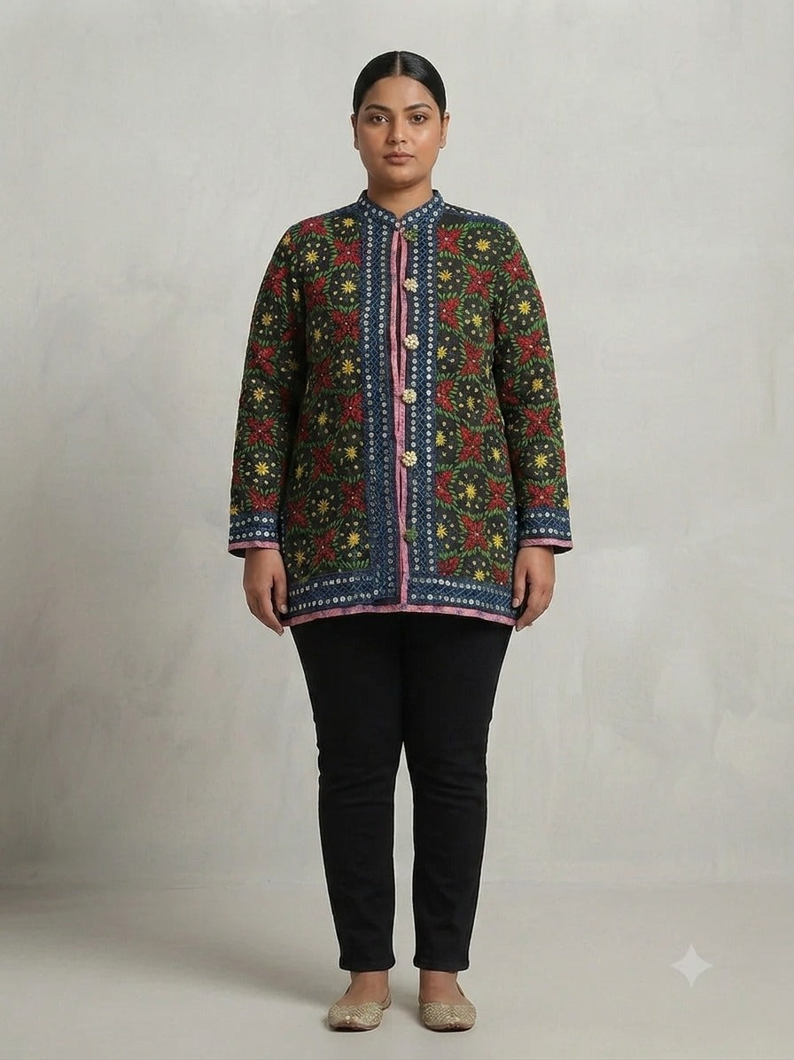 Georgette Phulkari Embroidered Jacket Kurta - 0075