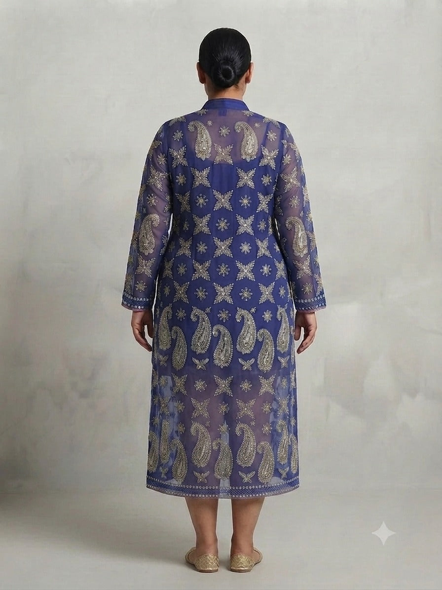 Navy Blue Georgette Outfit with Silver Gotta Work - 0076