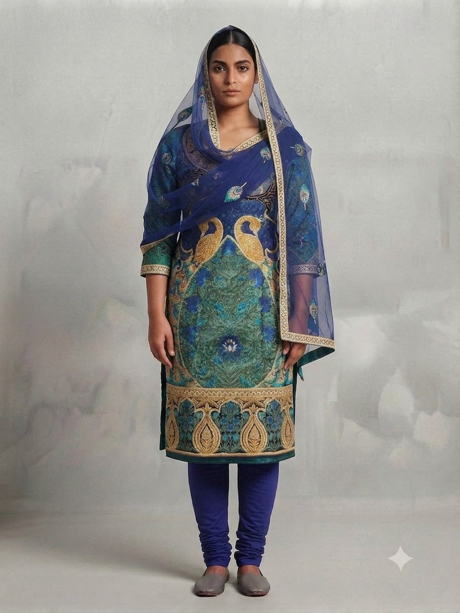 Embroidered Peacock Suit with Pajami - 0092
