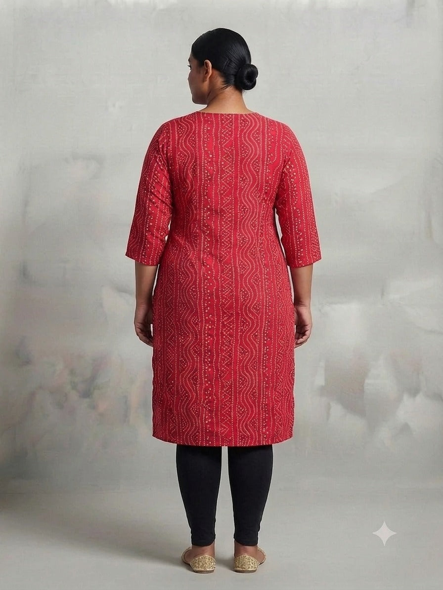 Red Cotton Bandhani Print Kurti - 0093