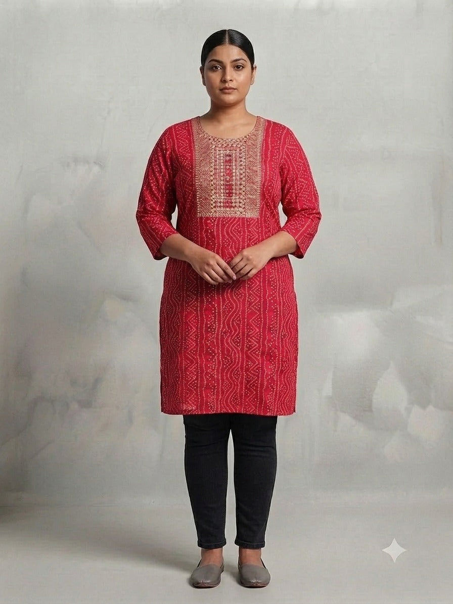 Red Cotton Bandhani Print Kurti - 0093