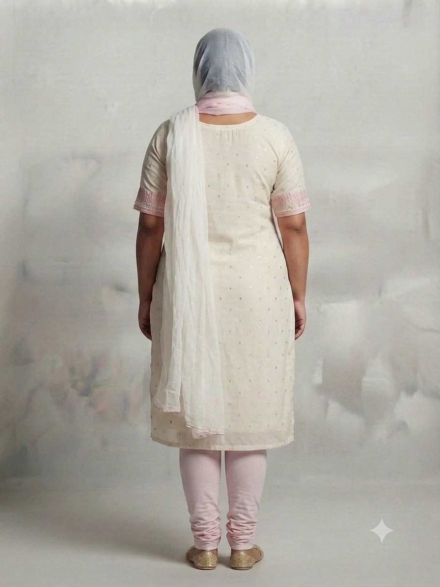 White and Baby Pink Mirror Work Suit - 0095