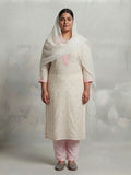White and Baby Pink Mirror Work Suit - 0095