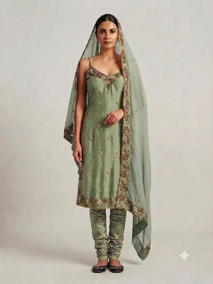 Sage Green Banarasi Anarkali Set with Dupatta - 0042