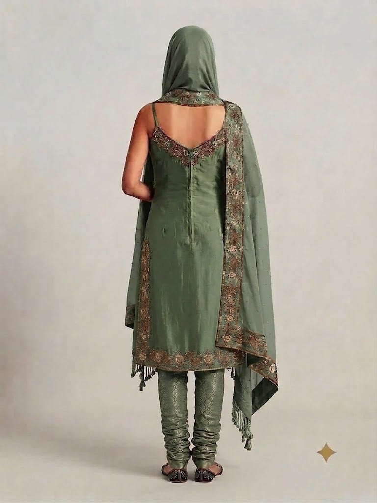 Sage Green Banarasi Anarkali Set with Dupatta - 0042