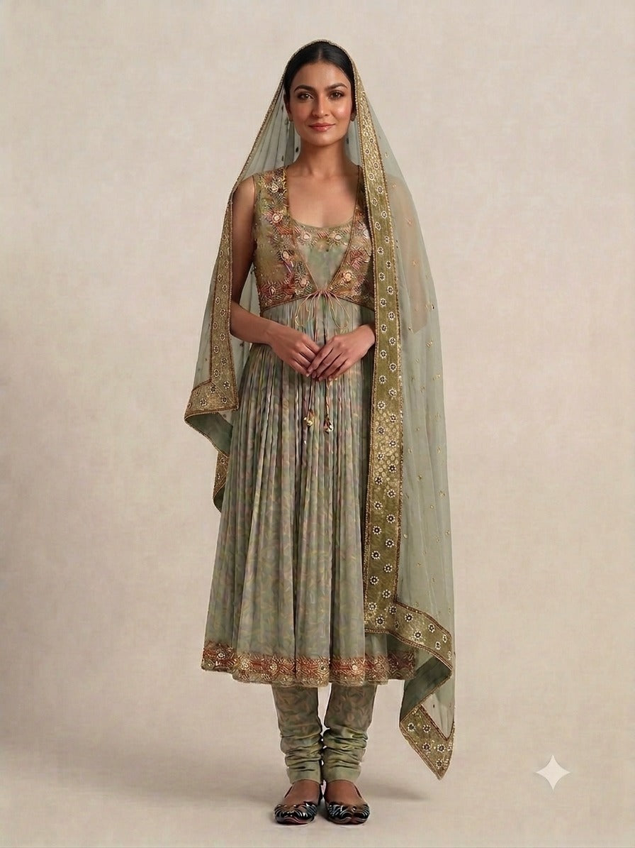 Sage Green Banarasi Anarkali Set with Dupatta - 0042