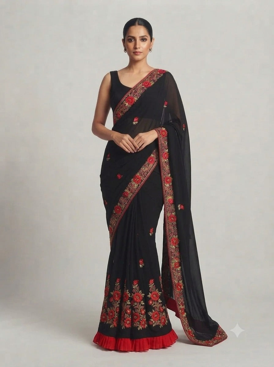 Black Georgette Fish Cut Saree with Rose Embroidery - 0044