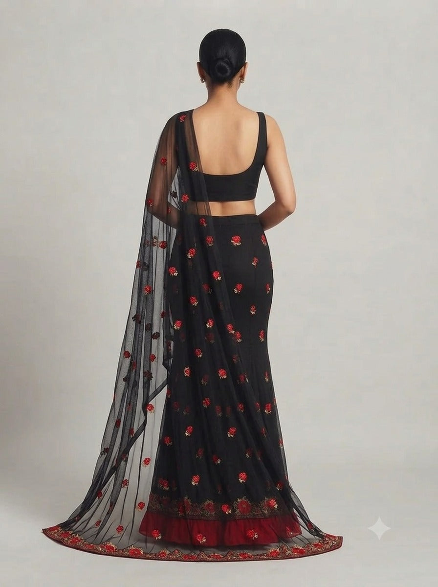 Black Georgette Fish Cut Saree with Rose Embroidery - 0044